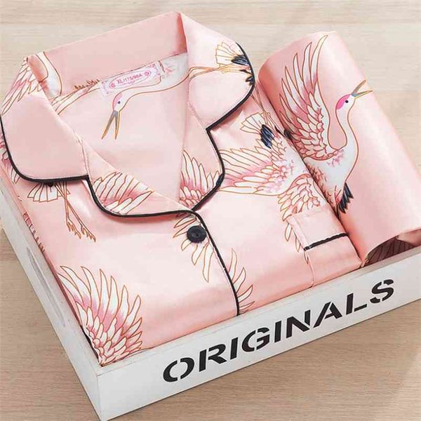 Summer Silk Satin Pajamas Set Woman Printed Long Sleeve Sleepwear Pijamas Suit Female Sleep Two Piece Loungewear Plus Size 210831