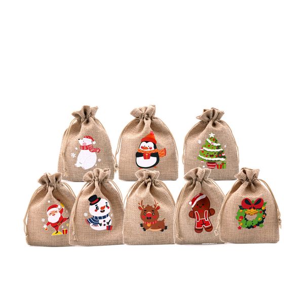 Christmas Linen Bag Drawstring New Year Holiday Gift Sack Santa Fashion Festive Decorations Candy Claus Present Bags Printed Canvas Collecti