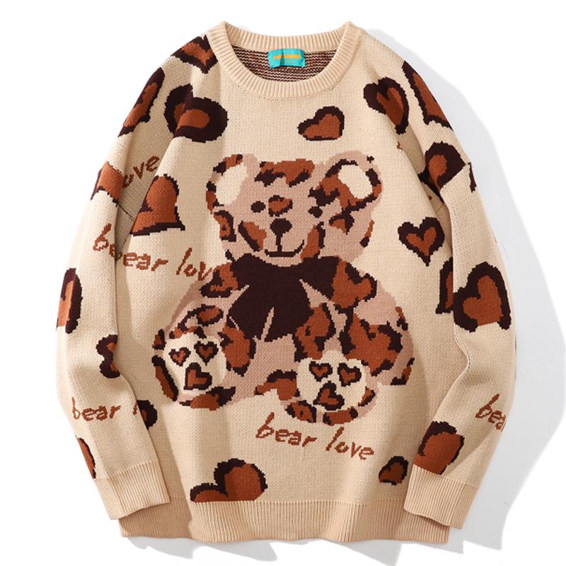Men&#039;s Sweaters Men Cartoon Bear Jacquard Sweater Couple Japan Harajuku Vintage Pullover Oversized Heart Printing Winter Thicken Knitting Top