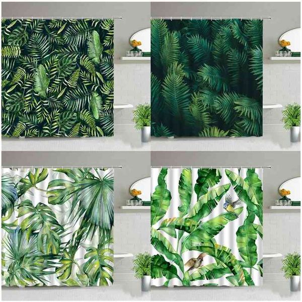 Green Tropical Plant Shower Curtains Spring Leaves Bathroom Decor Waterproof Bath Curtain 3d Printing Polyester Cloth With Hooks 210915