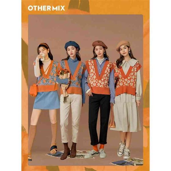 Spring Sweet Orange Sweater Flower Pattern Koean Style Vest V-Neck Knitting Top Sleeveless Jumper 210915