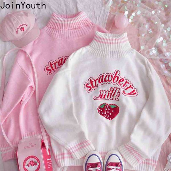 Joinyouth Turtleneck Sweater Sweet Embroidery Strawberry PKnitted Pullovers Ropa Mujer Wear Oversized Loose Jumper Pull Femme 210918