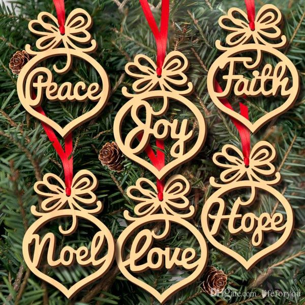 Christmas letter wood Church Heart Bubble pattern Ornament Christmas Tree Decorations Home Festival Ornaments Hanging Gift, 6 pc per bag SD2