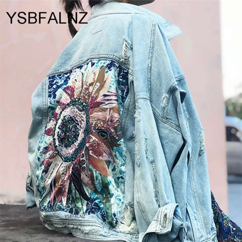 Women Denim Jacket feminine Spring Autumn Boho Sequin Floral Appliques Embroidery Coat Long Sleeve Outerwear Female Veste femme 210928