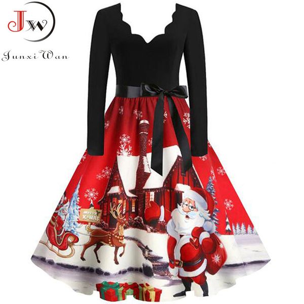 Christmas Dress Women Winter Long Sleeve V Neck Elegant Vintage Santa Claus Print Xmas Party Outfits Black Big Swing Plus Size 108