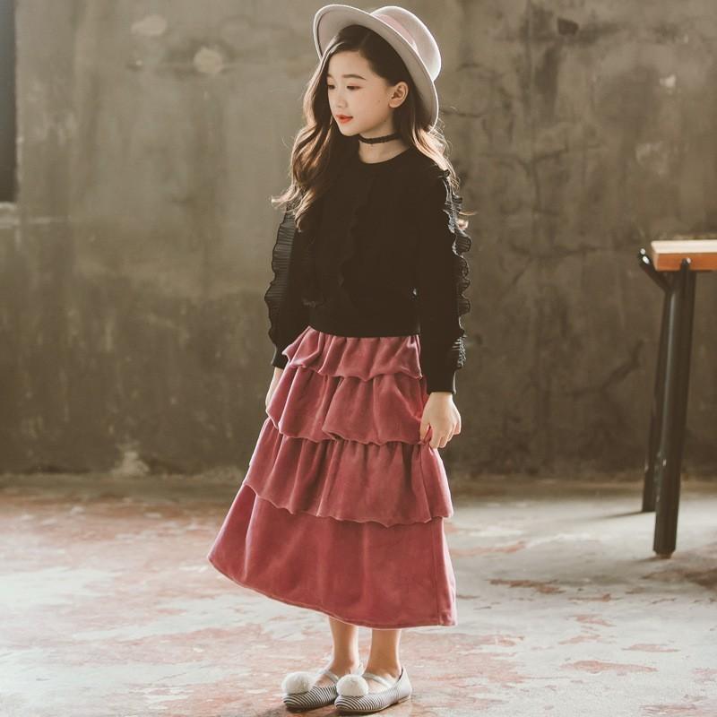 Skirts Maxi Long Fleece Teenage Skirt Girls Winter Autumn Layered Ruffles High Waist Chirtmas For Kids Children Clothes