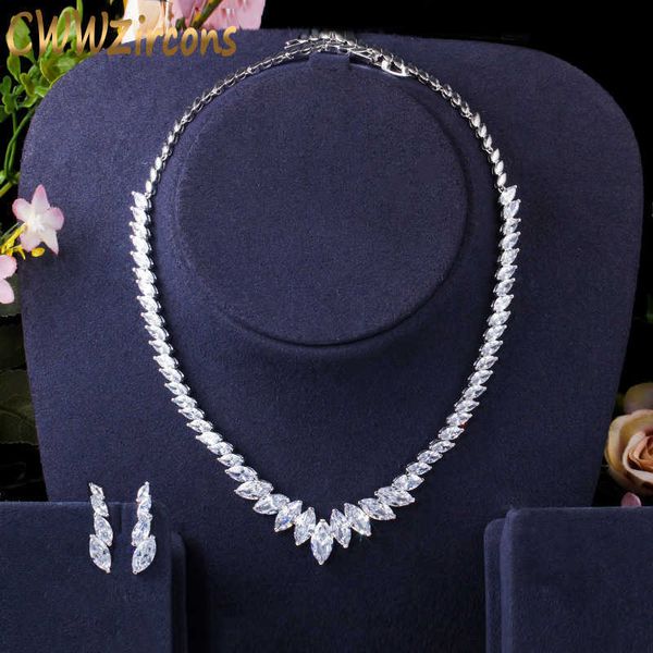 CWWZircons Top Quality Marquise Cut CZ Cubic Zirconia Wedding Choker Necklace and Earrings Bridal Prom Dress Jewelry Sets T398 H1022