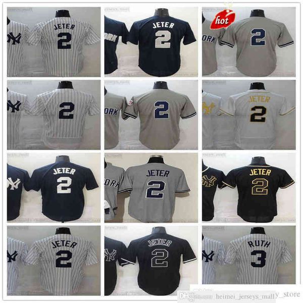 Stitched Baseball Jersey 2 Jeter 3 Babe Derek Ruth Gehrig 4 Lou Jerseys Top Quality Black White Gold Grey Gray Mens Women Youth Kids