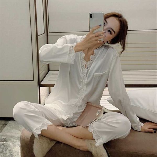 2 Piece-Set Home Suit Pajamas For Women Sleepwear Female Long Sleeve Trousers Satin Silk Nightwear Suit Pijamas 211211