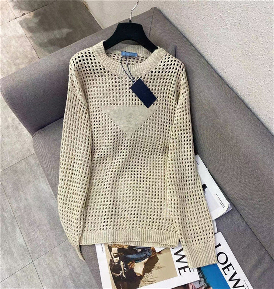 Loose Women Knits Blouses Autumn Hollow Out Triangle Female Sweaters Shirt Tops Fashion Casual Round Neck Long Sleeve