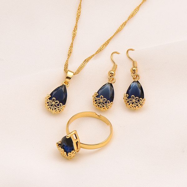 Water Drop purple Crystal Jewellery Set Pendant Necklace Earrings Ring 9K Yellow GF Gold cz big Rectangle Gem with Channel