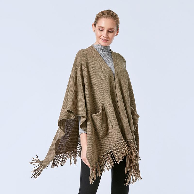 Scarves 2021 Winter Woolen Knitted Women&#039;s Poncho With Pocket Oversized Cardigan Cape Coat Warm Blanket Scarf Ladies Shawls And Wraps