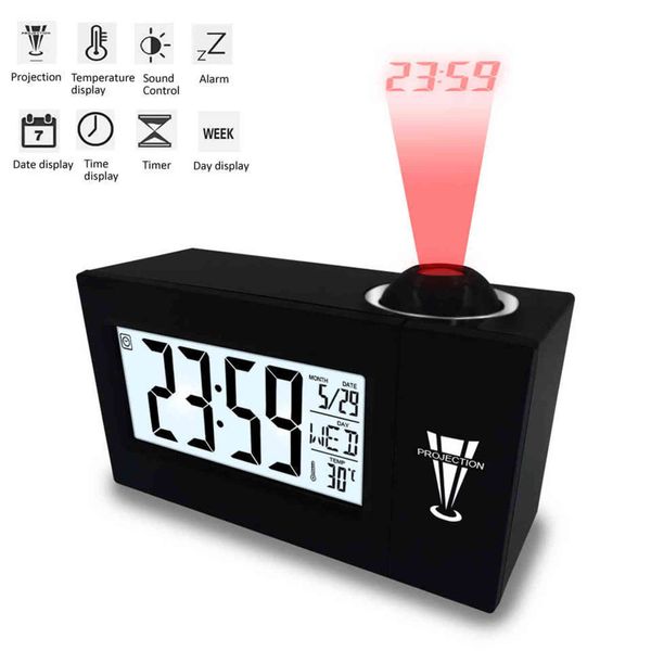 LED Digital Projection Alarm Clock Temperature Thermometer Desk Time Date Display Projector Calendar USB Powered Table Led Clock 211111