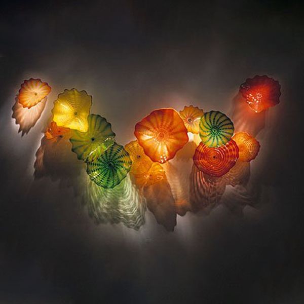 Murano Lamps American Style Hand Blown Glass Flower Wall Art Plates Orange Green Yellow Color Wall-Hanging Plate Arts 15 to 40 cm
