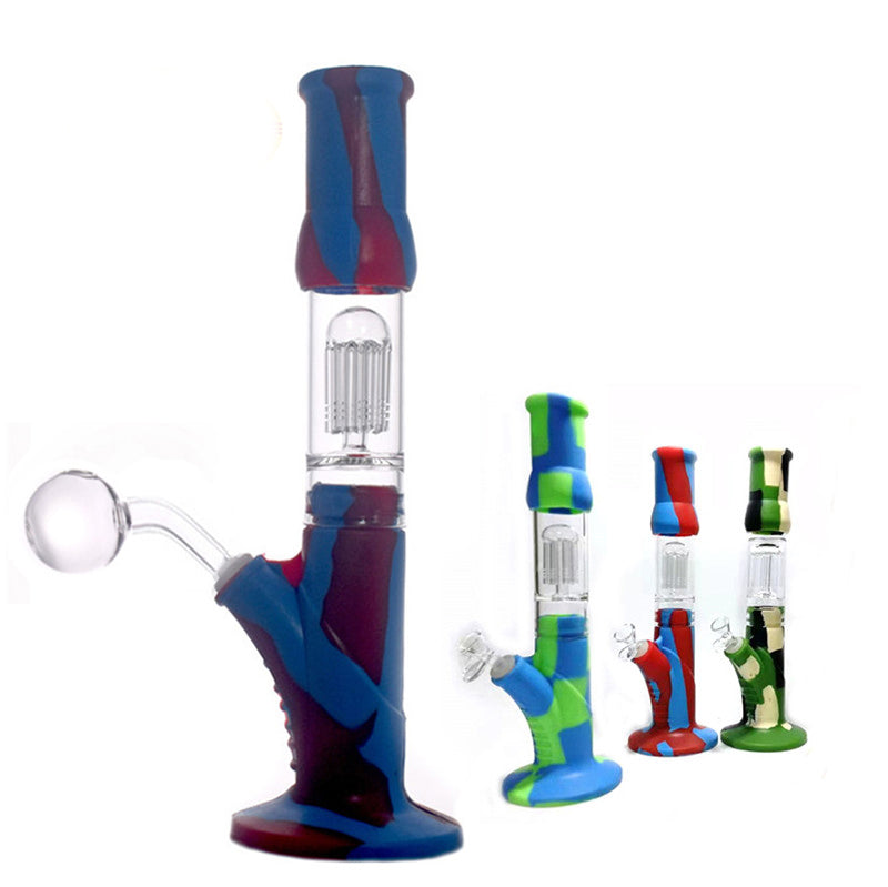 Food grade 15inch silicone glass bongs with arm tree percs bubbler water pipe recycler dab rigs with 14mm male glass oil burner pipe