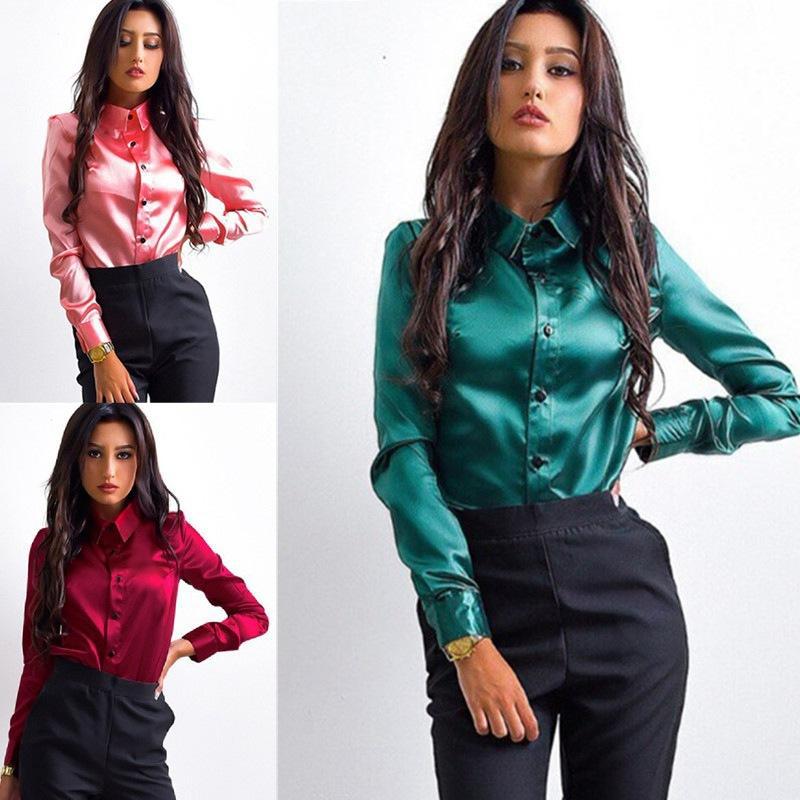 Women Blouse Elegant Wine red Green Satin Shirt Turn Down Collar Longth Sleeve Female Formal Office OL Blouses Tops