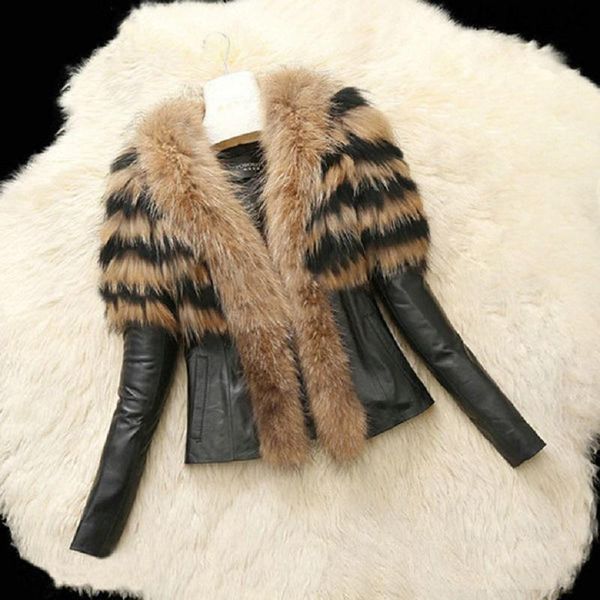 Women&#039;s Fur & Faux Autumn Winter Women Coat Jacket Female Slim Fit Zipper PU Leather Fluffy Patchwork Short Outerwear Plus Size S-6X Q4