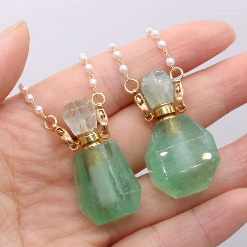 Chains Perfume Bottle Necklace Fashion Natural Stone Faceted Green Aventurine Jades Pendant Pearls Chain Necklaces Gift Glasses