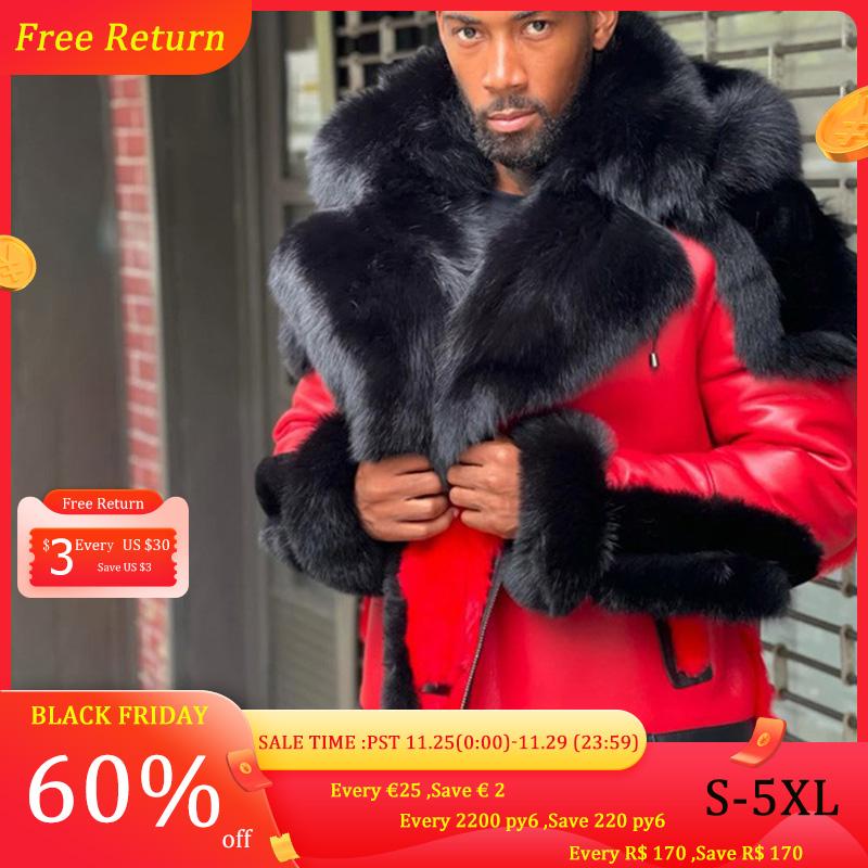 Men&#039;s Fur & Faux Leather Winter Jacket Thicken Veet Collar Hooded Zipper Color Block Patchwork Fashion Red Men AAA Discount for in-store purcha