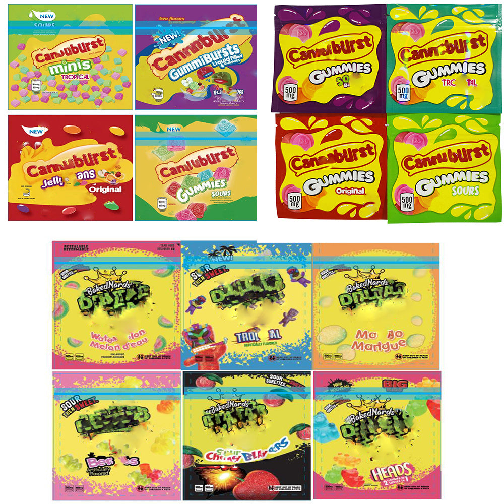 Empty 500mg 600mg Cannaburst De gummies packaging bags sour berries tropical edibles candy gummy smell proof resealable zipper package bag