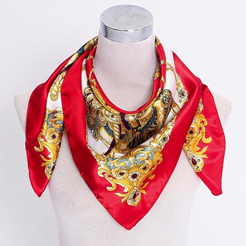 Scarves 90 X 90cm Square Women Imitated Silk Satin Carriage Chain Neck Head Scarf Shawl Multicolor Stripe Print Kerchief Wrap