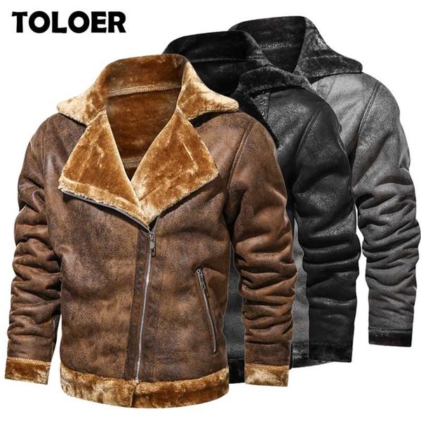 Flight Jacket Men Fur Collar PU Leather Jacket Men Black Brown Vintage Coat Male Winter Thicken Warm Fleece Bomber Jacket Parkas 211203