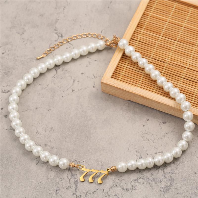 Chokers Angel Number Stainless Steel Necklaces 111 222 333 Imitation Pearl Choker Necklace Women Fashion Jewelry