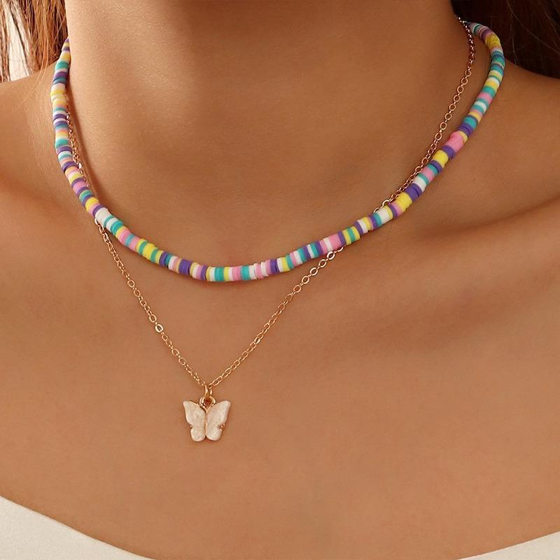 Chains Bohemian Double Layered Butterfly Pendant Chain Necklace Women Fashion Charms Heishi Clay Beads Necklaces Jewelry