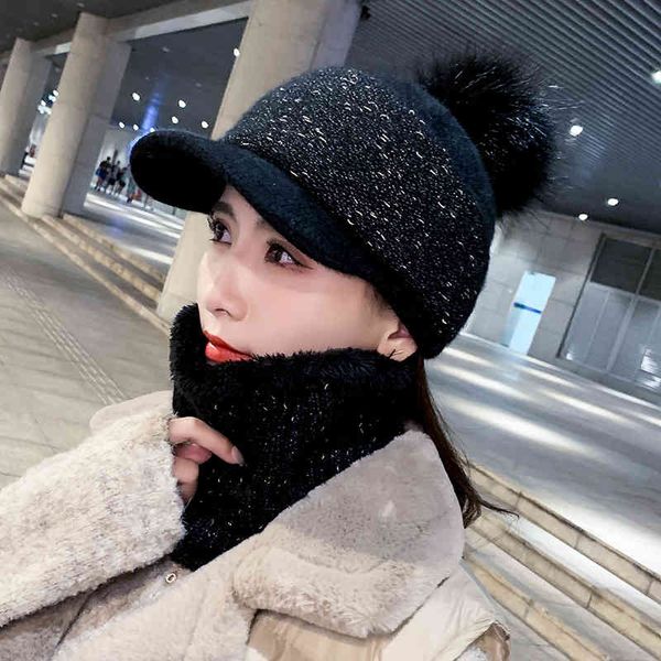 Hat Scarf Glove Set Female Autumn and Winter Versatile Korean Fashion Women&#039;s Baseball Knitting Wool Round Face Suitable Duck Tongue