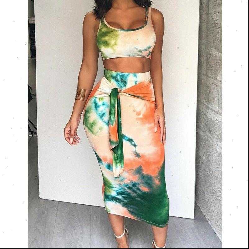 Womens Tracksuits Bodycon Vogue Graffiti 2Pcs Lady Summer Tank Tops Long Skirts Fashion Blooming EffectParty Cocktail Club Skirt Sets