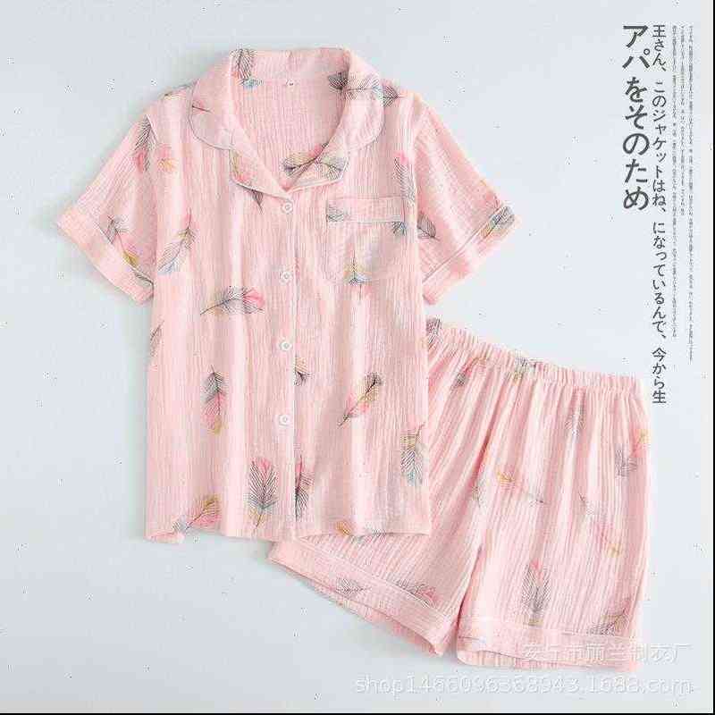 Summer Short sleeved Shorts Pajamas Women Sleepwear 100% Cotton Crepe Cartoon Feather Print Pyjamas Turn down Collar Home Suit