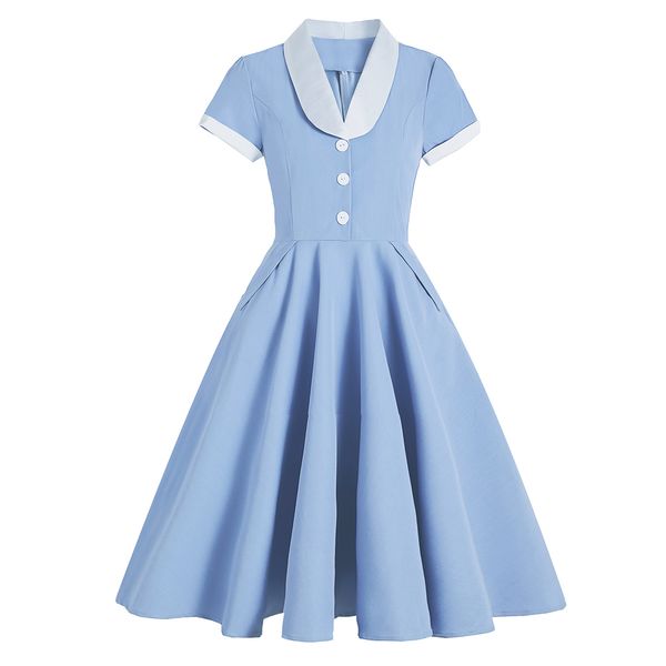 2021 Hepburn style retro palace waist waist light dress hit color collar annual meeting performance costume big swing mid-length dress