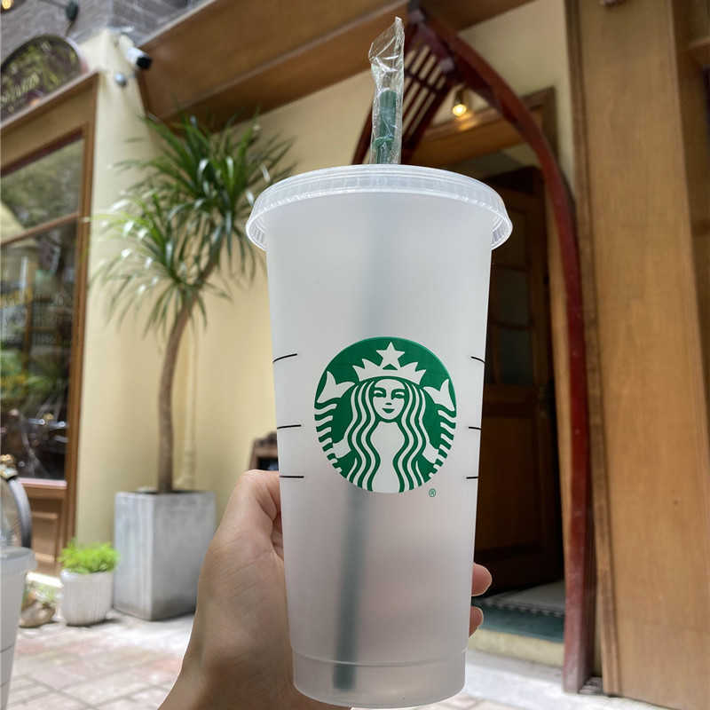 Starbucks Cold Cups Juice Glass Mugs Color Changing Cup With Straw and Lid 24oz-710ml tumblers Mermaid Goddess Sippy Plastic tumbler Clear