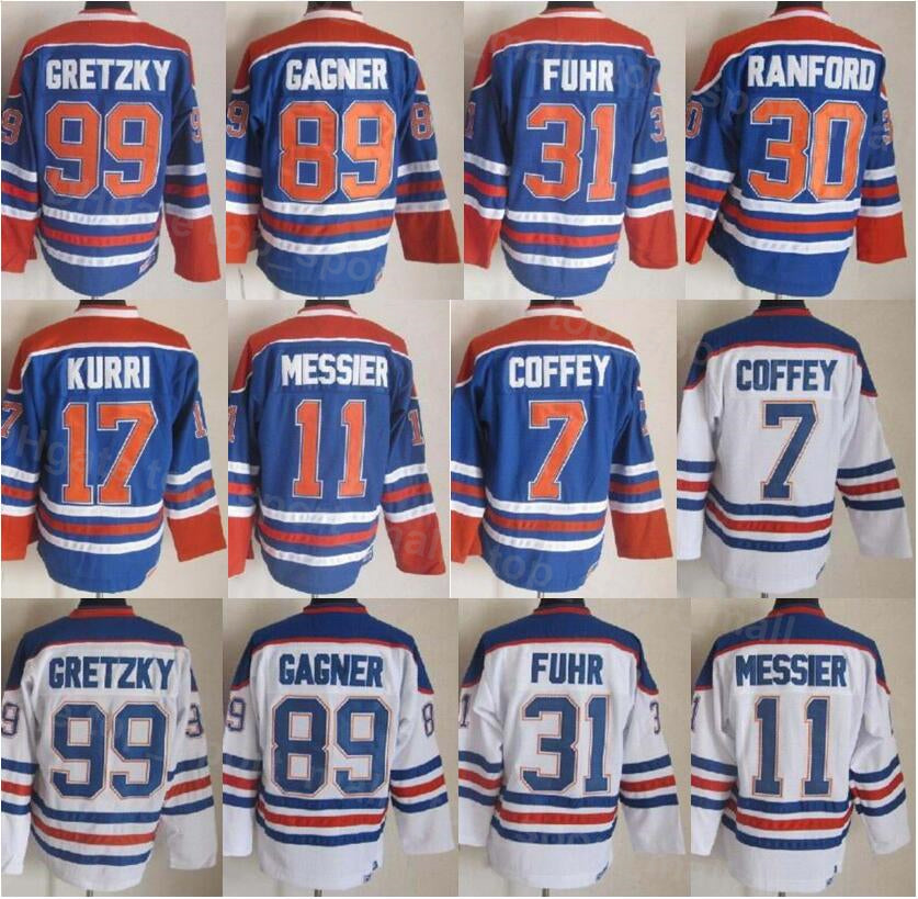 Vintage Retro Ice Hockey 31 Grant Fuhr Jersey 99 Wayne Gretzky 11 Mark Messier 30 Bill Ranford 7 Paul Coffey 89 Sam Gagner 17 Jari Kurri Stitched Bl