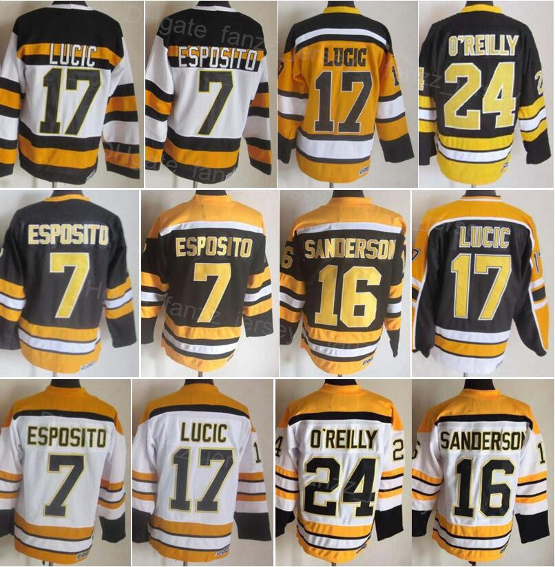 Men Retro Ice Hockey Vintage 17 Milan Lucic Jerseys 24 Terry OReilly 7 Phil Esposito 16 Derek Sanderson All Stitched Home Black Yellow White 75 Anni