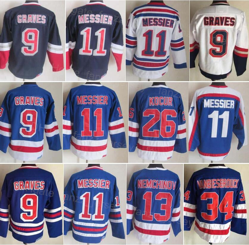 Men Retro Hockey Vintage 34 John Vanbiesbrouck Jersey 11 Mark Messier 9 Adam Graves 13 Sergei Nemchinov 26 Joe Kocur 75th Anniversary Stitched Blue