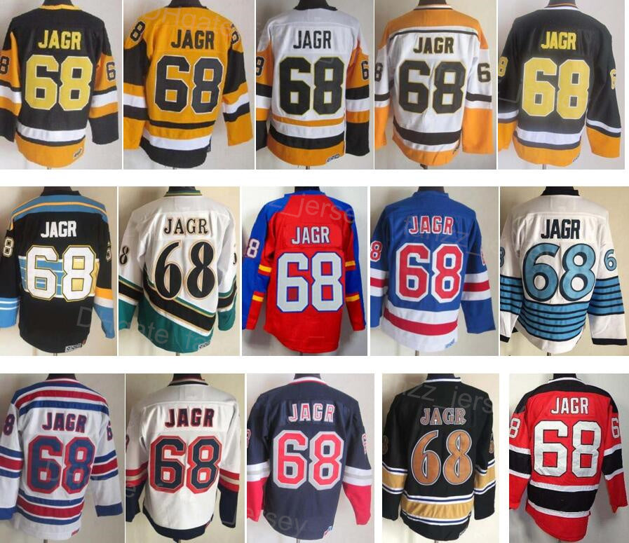 Men Retro 68 Jaromir Jagr Vintage Ice Hockey Jersey Black White Blue Yellow Red Home Away Breathable Embroidery And Sewing For Sport Fans Top Qualit