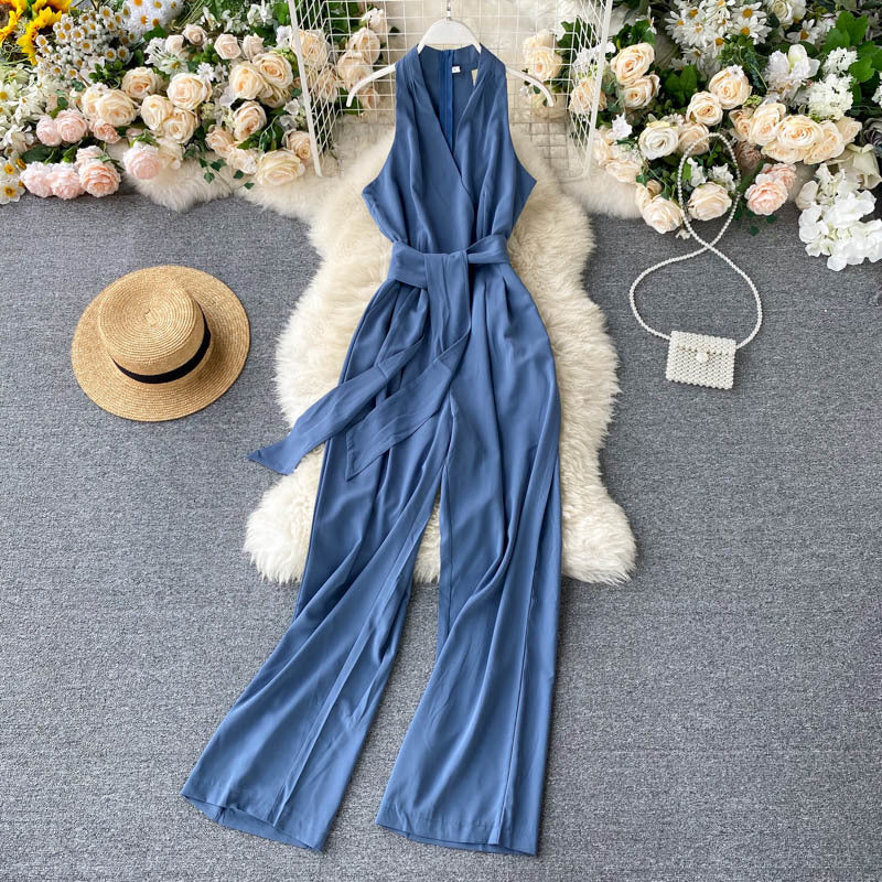 2021 New Spring Autumn Office Ladies Sleeveless Solid Jumpsuits V-neck High Waist Sashes Women Casual Rompers Playsuits W5s6