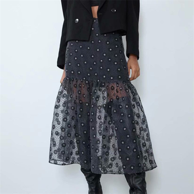 2021 New Women Organza Floral Pattern Midi Skirt Faldas Mujer Elastic Waist Side Zipper Fly Female Stylish Casual a Line Skirts Gh3d