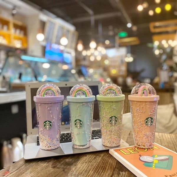 450ML Cute Rainbow Cup Double Plastic with Straws PET Material for Kids Adult Girlfirend for Gift Products