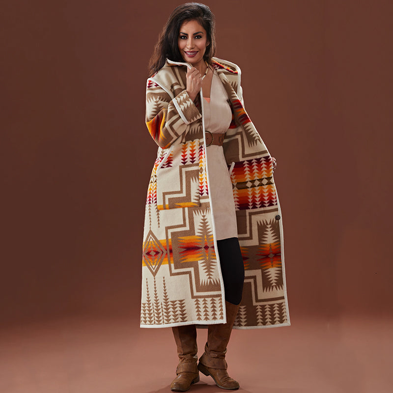 2021 Luxury Vintage Pattern Print Faux Wool Blends X-long Coats Jackets Women Warm Winter Outerwear Autumn New Streetwear Lady Miaj