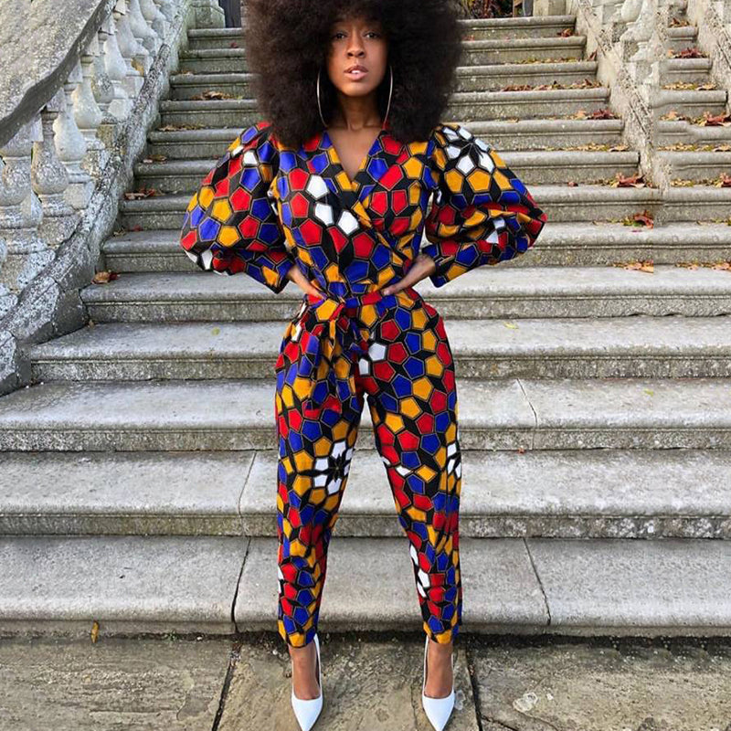 2021 African Style Vitnage Printed V-neck Women Long Sleeve Lace Up Belt Elegant Office Lady Jumpsuit Autumn New Fashion Jydf