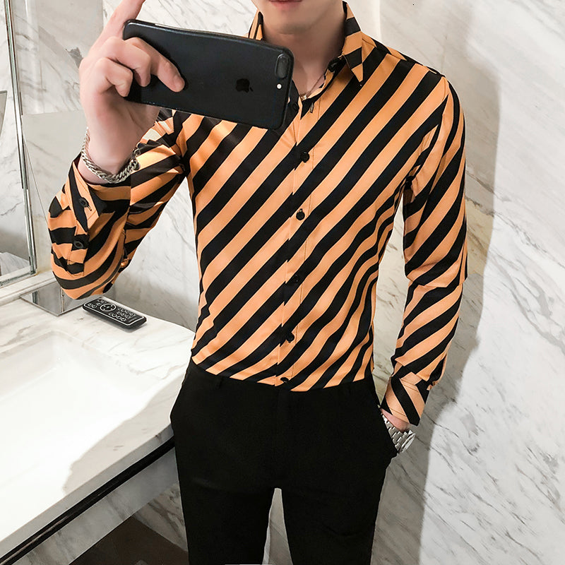 High Quality New Long Spring Mango of Men Oblique Stripes Shirts Fashion 2021 Thin Casual Office Adjustment Homme Formal Wear 3xl Nz03