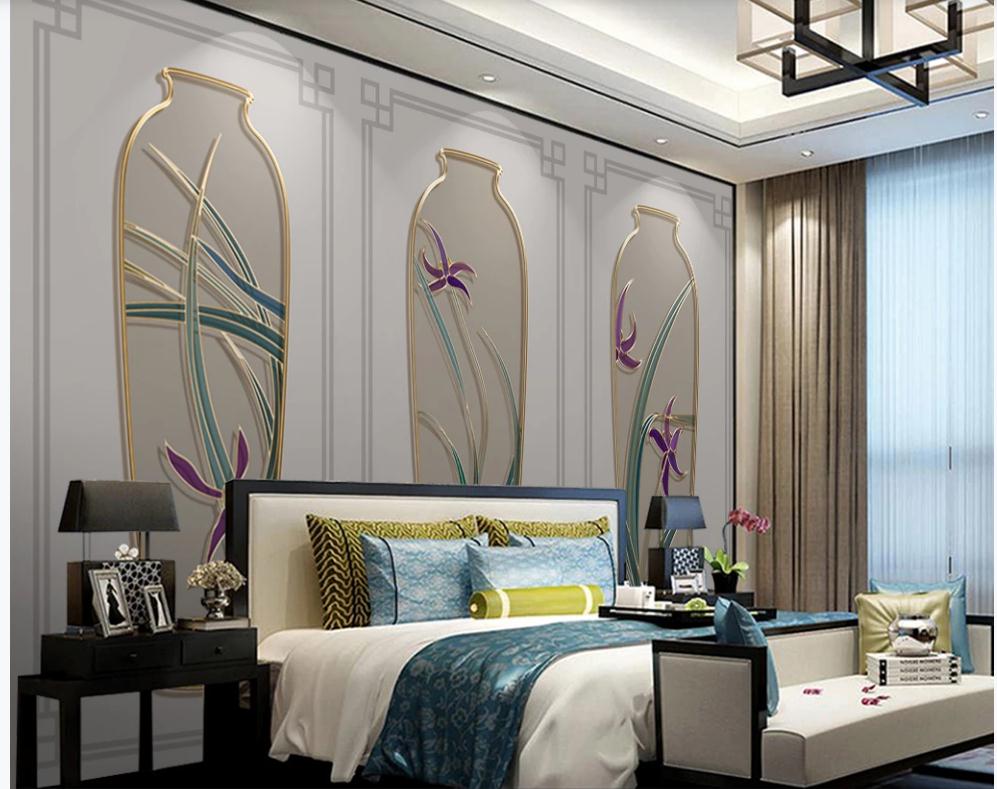 New Chinese style orchid vase golden embossed line background wall living style wallpaper