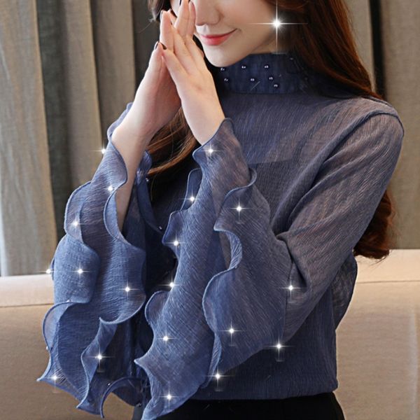 Fashion Womens Blouses Beading Pink Chiffon Blouse Shirt Long Sleeve Women Shirts Womens Tops And Blouses Blusas Femininas A759 210225