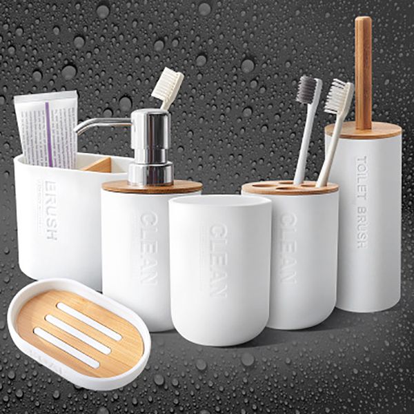 Simple Household Bathroom toilet Supplies Bamboo Soap Dish Soap Dispenser Toothbrush Holder 5pcs-set Accessories Set
