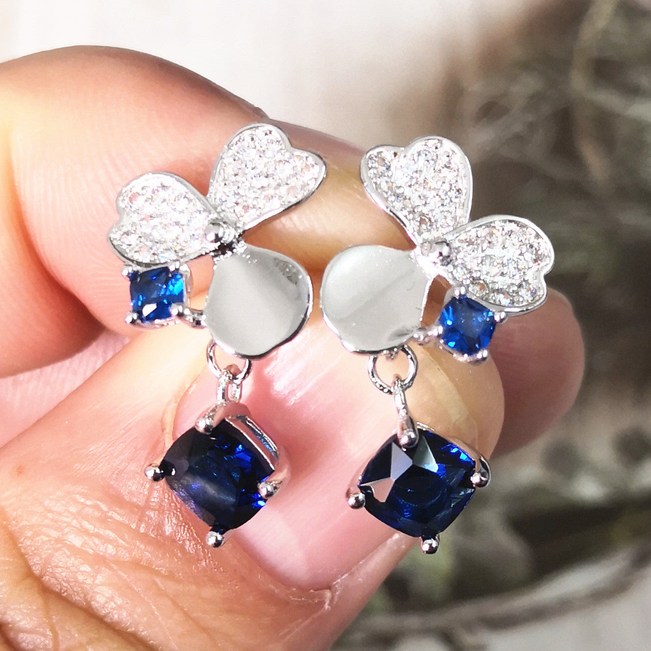 2021 the New Ms S925 Pure Sier Plants Flower Blue Square Mosaic Zircon Earrings Gift for Women Holiday Decorations Bbkx