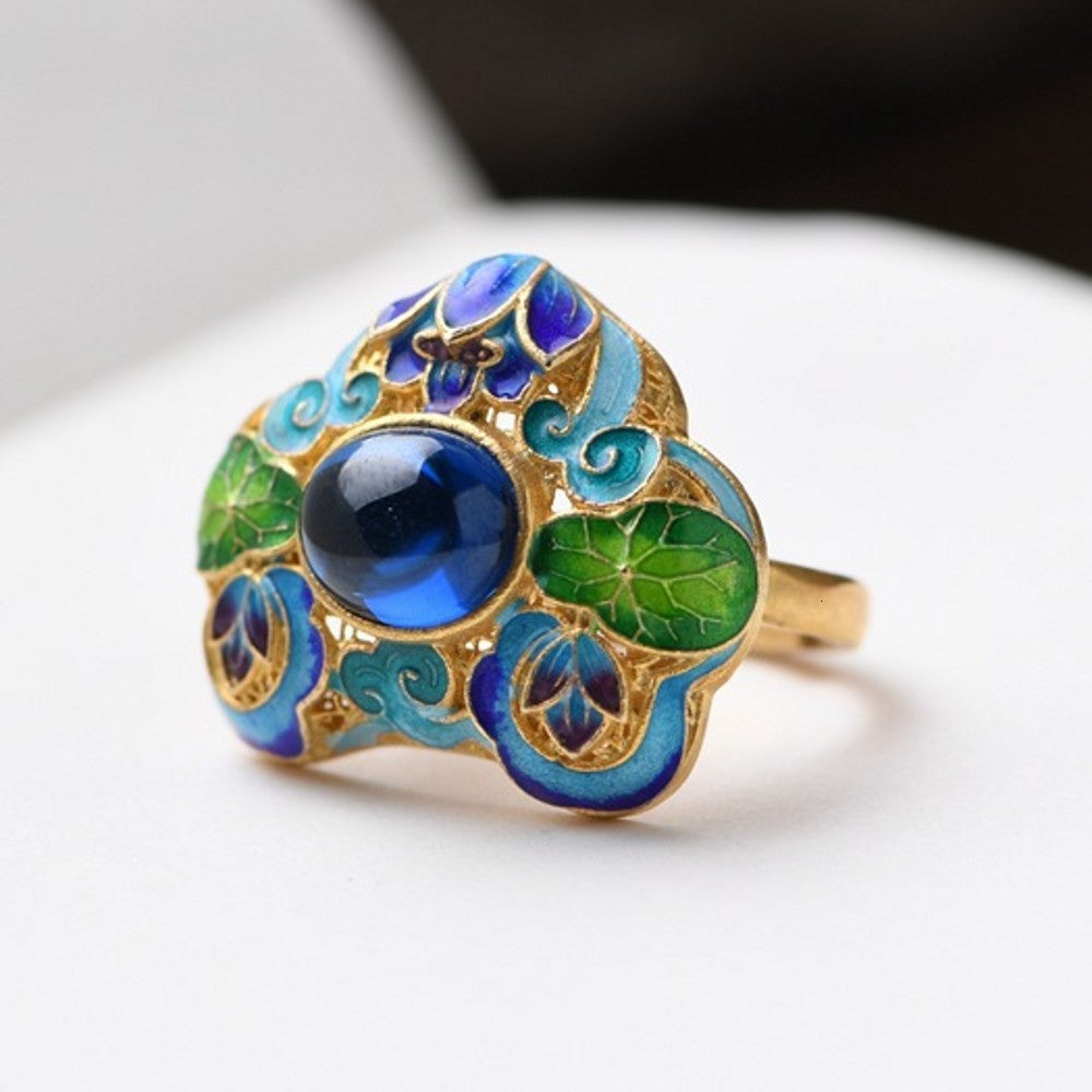 2021 New Pure S925 Sier Gold-plated Woman Cloisonne Enamel Cloud Lotus Ful Red Corundum Open Ring Fashion Jewellery Bks4