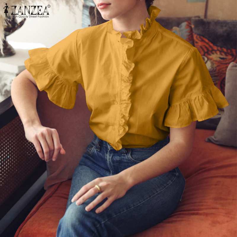 Zanzea 2021 Summer Retro Blouse Office Lady Lace Up Ruffle Blusa Casual Short Sleeve Shirt Womens New Fashion Solid Top Oversize Ga33