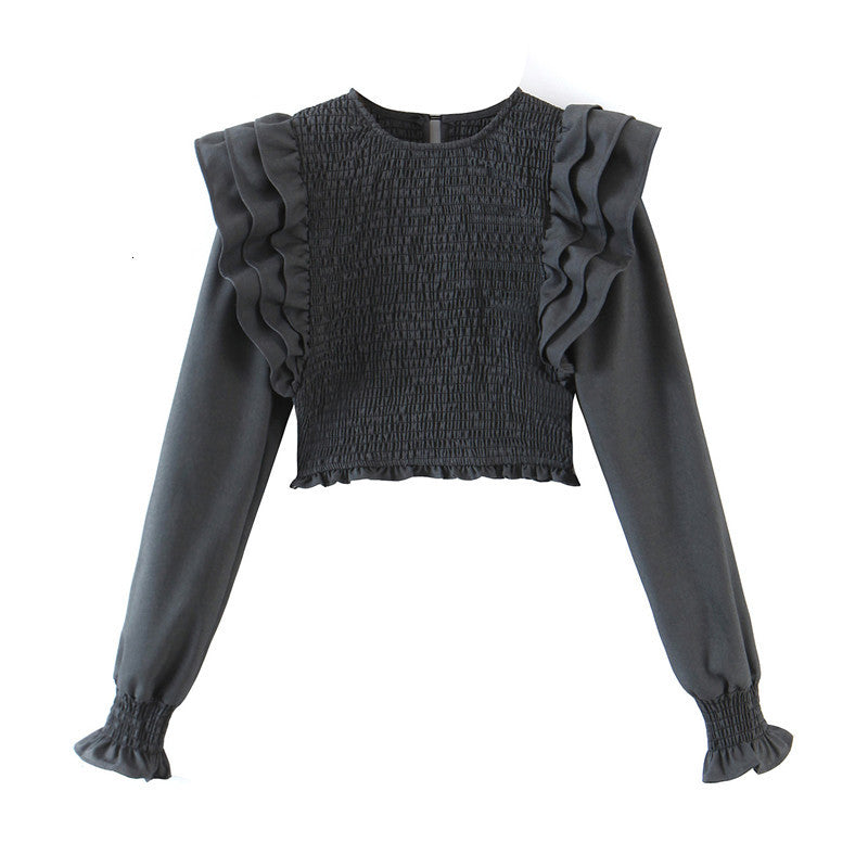 2021 New Sweet Fashion Ruffles Smocked Elastic Crop Blouses Women Vintage Flare Sleeve Female Shirts O-neck Chic Tops 7x07